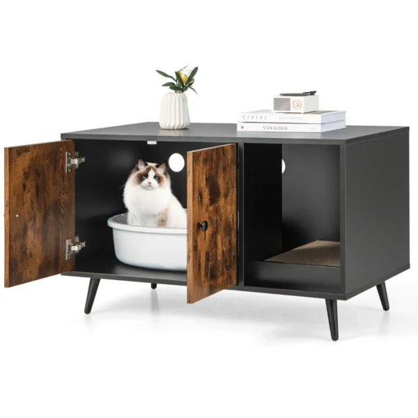 Modern kattenbakmeubilair dubbele deurkast open kattenplank kattentoiletkast multifunctionele huisdierenkrat zwart en natuur 2