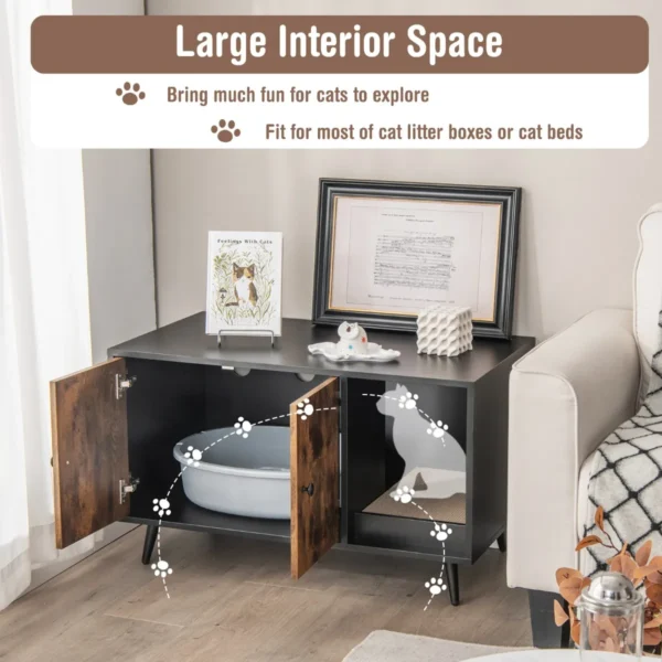 Modern kattenbakmeubilair dubbele deurkast open kattenplank kattentoiletkast multifunctionele huisdierenkrat zwart en natuur 7