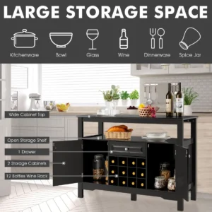 Moderne eetkamer buffetkast keuken dressoir met kruisvormig wijnrek open plank 2 kasten & lade 117 x 40,5 x 82,5 cm zwart 1