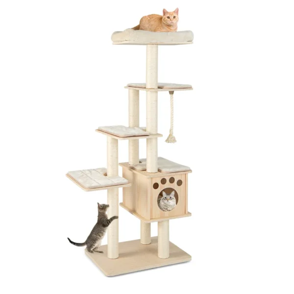 Moderne katten klimrek 170 cm klimrek met meerdere niveaus zitstok houten cabine sisal krabpalen pluche platforms natuurlijk 2