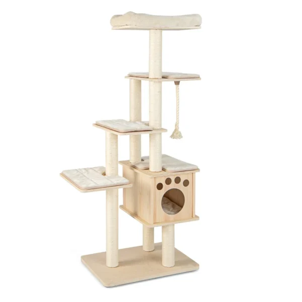 Moderne katten klimrek 170 cm klimrek met meerdere niveaus zitstok houten cabine sisal krabpalen pluche platforms natuurlijk 4