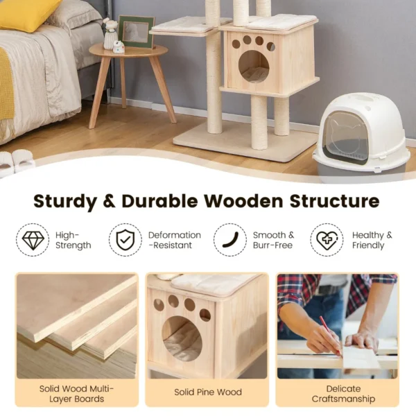Moderne katten klimrek 170 cm klimrek met meerdere niveaus zitstok houten cabine sisal krabpalen pluche platforms natuurlijk 7