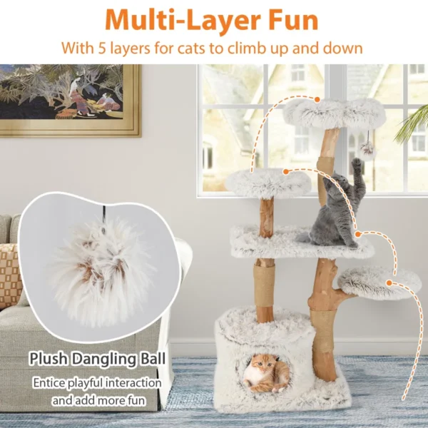 Moderne kattenboom 135 cm hoge kattentoren met jute krabpalen pluchen zitstok kattenboom van massief hout voor binnenkatten 4