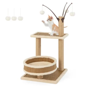 Moderne kattenboom met rotanmat 3 hangende speelgoedballen grote nis platform zitstok sisal krabpalen pluche rand natuur 1