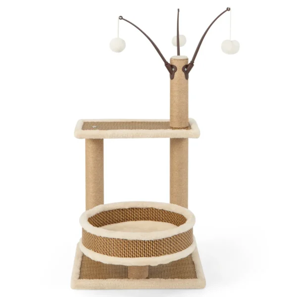Moderne kattenboom met rotanmat 3 hangende speelgoedballen grote nis platform zitstok sisal krabpalen pluche rand natuur 2