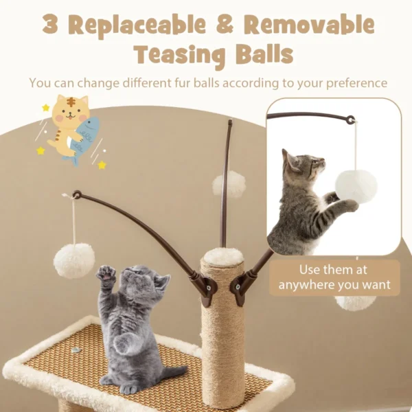 Moderne kattenboom met rotanmat 3 hangende speelgoedballen grote nis platform zitstok sisal krabpalen pluche rand natuur 5