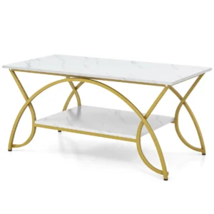 Moderne kunstmarmer koffietafel rechthoekige accenttafel met 2 lagen en goud afgewerkt metalen frame wit 1