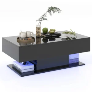 Moderne led salontafel bijzettafel met 2 niveaus met 20 gekleurde led lampjes en 2 opbergladen rechthoekige centrale tafel zwart 1