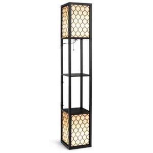 Moderne plank staande vloerlamp vrijstaande dubbele lamp met twee lagen houten plank & witte lampenkap 1