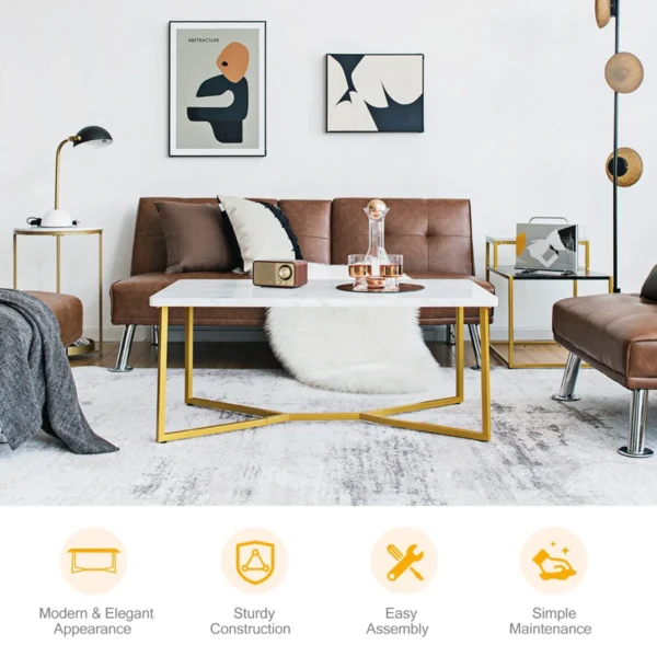 Moderne salontafel luxe bank bijzettafel met kunstmarmer tafelblad & gouden y vormige poten & verstelbare voetdoppen cocktailtafel 4