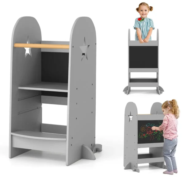 Montessori 3 in 1 leertoren voor kinderen opstapkruk met 3 verstelbare hoogtes en dubbelzijdig bord trapkruk keukenhulp grijs 1