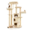 Multi level houten krabpaal met 3 niveaus/2 zitstokken/krabpaal/platform/springbal/ophangkoord/meubilair voor binnenkatten beige 1