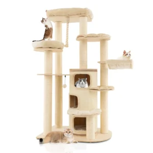 Multi level houten krabpaal met 3 niveaus/2 zitstokken/krabpaal/platform/springbal/ophangkoord/meubilair voor binnenkatten beige 1