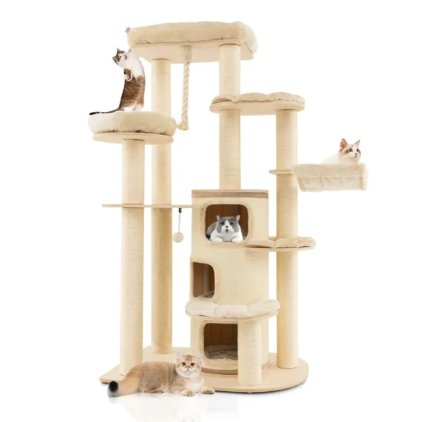 Multi level houten krabpaal met 3 niveaus/2 zitstokken/krabpaal/platform/springbal/ophangkoord/meubilair voor binnenkatten beige 1