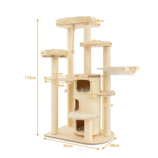 Multi level houten krabpaal met 3 niveaus/2 zitstokken/krabpaal/platform/springbal/ophangkoord/meubilair voor binnenkatten beige 2