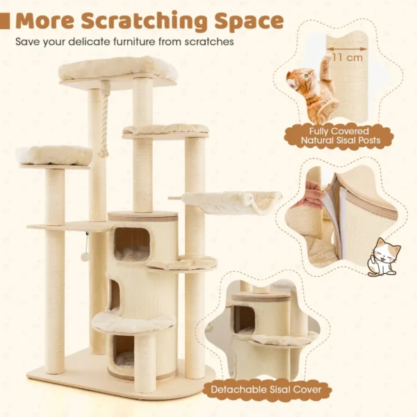 Multi level houten krabpaal met 3 niveaus/2 zitstokken/krabpaal/platform/springbal/ophangkoord/meubilair voor binnenkatten beige 5