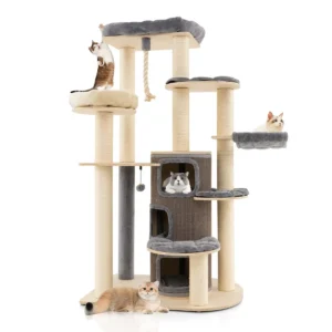 Multi level houten krabpaal met 3 niveaus/2 zitstokken/krabpaal/platform/springbal/ophangkoord/meubilair voor binnenkatten grijs 1