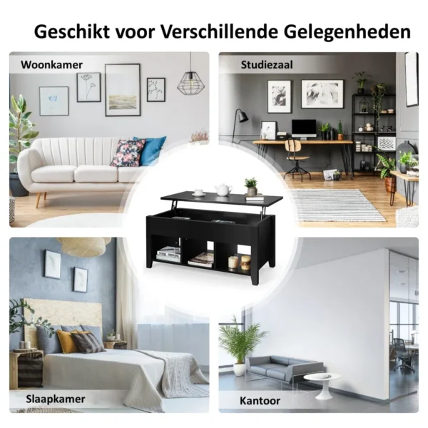Multifunctionele cocktailtafel met in hoogte verstelbare bovenzijde & verborgen opbergruimte & drie open planken aan de onderkant zwart 6