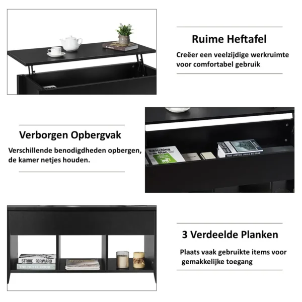 Multifunctionele cocktailtafel met in hoogte verstelbare bovenzijde & verborgen opbergruimte & drie open planken aan de onderkant zwart 7