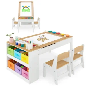 Multifunctionele kunst tafel en stoel set voor kinderen activiteit bureau met lift up lade papierrol verf bekers en 6 opbergbakken 1