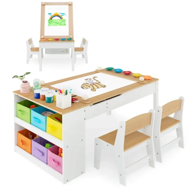 Multifunctionele kunst tafel en stoel set voor kinderen activiteit bureau met lift up lade papierrol verf bekers en 6 opbergbakken 1