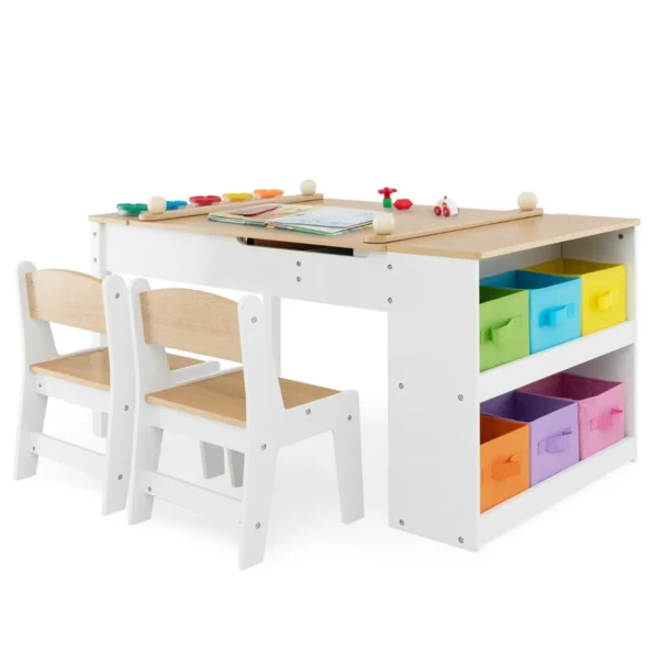 Multifunctionele kunst tafel en stoel set voor kinderen activiteit bureau met lift up lade papierrol verf bekers en 6 opbergbakken 2