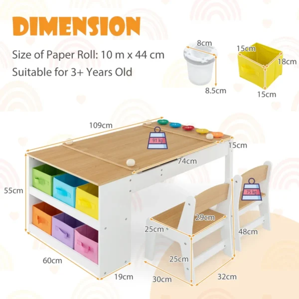 Multifunctionele kunst tafel en stoel set voor kinderen activiteit bureau met lift up lade papierrol verf bekers en 6 opbergbakken 3