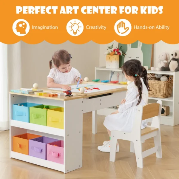 Multifunctionele kunst tafel en stoel set voor kinderen activiteit bureau met lift up lade papierrol verf bekers en 6 opbergbakken 5