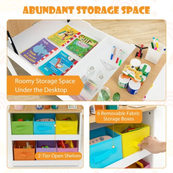 Multifunctionele kunst tafel en stoel set voor kinderen activiteit bureau met lift up lade papierrol verf bekers en 6 opbergbakken 7