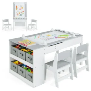 Multifunctionele kunst tafel en stoel set voor kinderen activiteit bureau met lift up lade papierrol verf bekers en 6 opbergbakken grijs 1