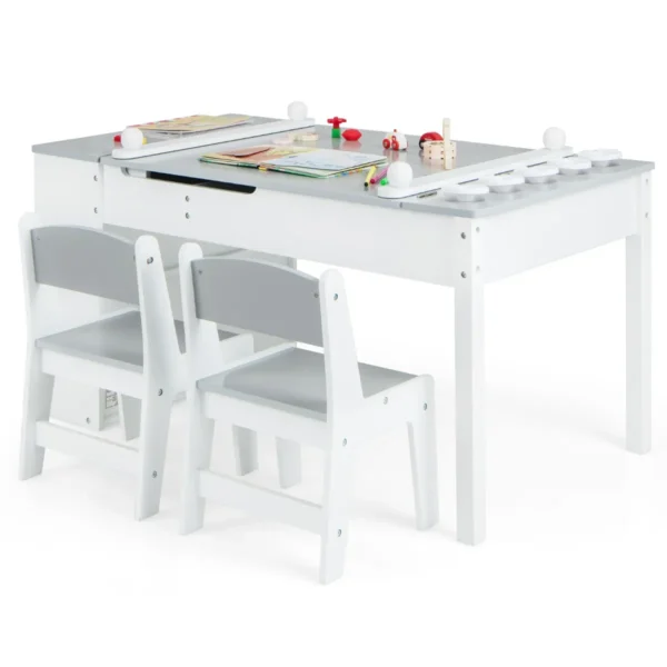 Multifunctionele kunst tafel en stoel set voor kinderen activiteit bureau met lift up lade papierrol verf bekers en 6 opbergbakken grijs 2