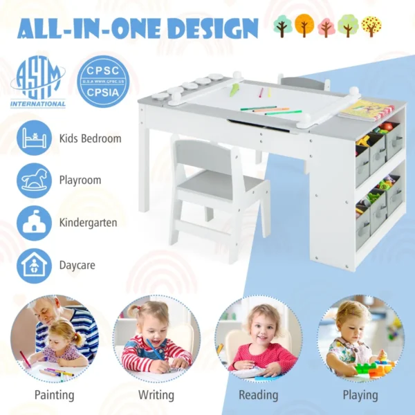 Multifunctionele kunst tafel en stoel set voor kinderen activiteit bureau met lift up lade papierrol verf bekers en 6 opbergbakken grijs 4