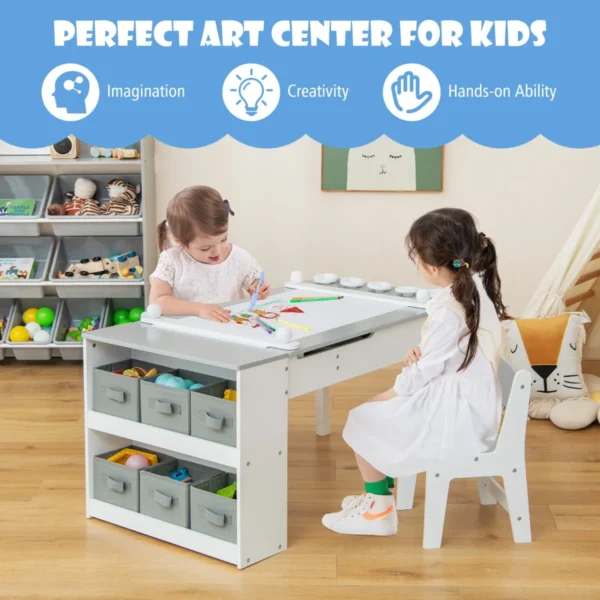 Multifunctionele kunst tafel en stoel set voor kinderen activiteit bureau met lift up lade papierrol verf bekers en 6 opbergbakken grijs 5