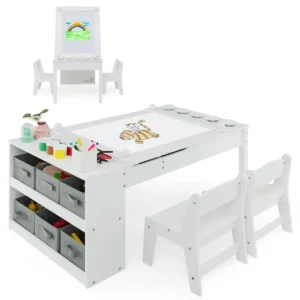 Multifunctionele kunst tafel en stoel set voor kinderen activiteit bureau met lift up lade papierrol verf bekers en 6 opbergbakken wit 1