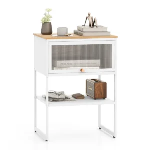 Nachtkastje bankeinde met transparante klapdeur metalen poten opbergplank ronde handgreep 40 x 32 x 56 cm wit 1