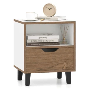 Nachtkastje in mid century modern design met lade open opbergplank minimalistische vierkante bijzettafel voor slaapkamer kantoor 1