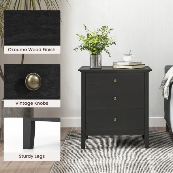 Nachtkastje met 3 lades houten bijzettafel met opbergruimte moderne opbergtafel voor slaapkamer zwart 4