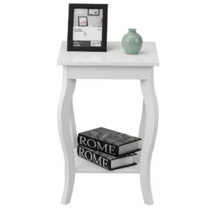 Nachtkastje met plank 2 niveaus bijzettafel van hout met gebogen poten laptoptafel banktafel voor woonkamer slaapkamer (wit) 1