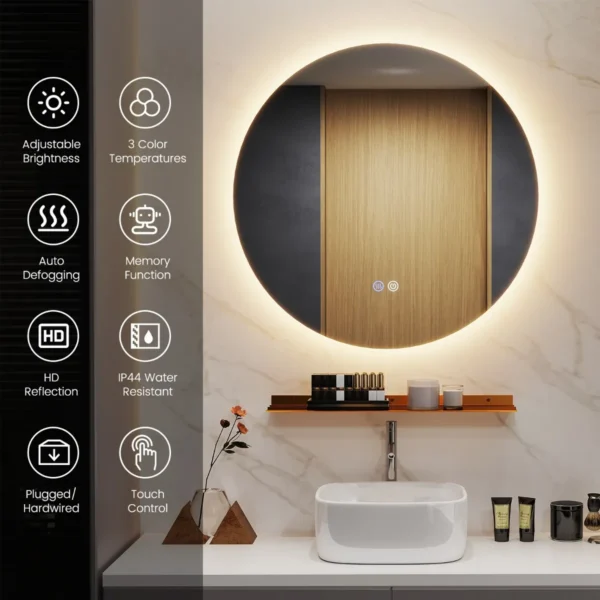 Ø60 cm led badkamerspiegel anticondens ronde wandspiegel 3000 6000k instelbare helderheid aanraakschakelaar geheugenfunctie 3