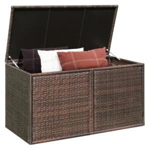 Opbergbox rotan 335l capaciteit stalen frame opslag bruin met dubbele deuren en plank kistbank zitbank voor terras balkon tuin 1