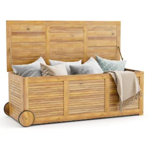 Opbergkist voor buiten op wielen 182 l acaciahouten terrasopbergkist met 2 wielen 1 handgreep waterbestendige voering 127 x 50 x 45 cm 1