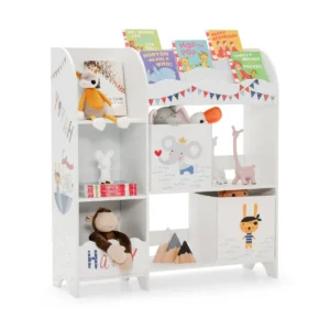 Opbergmeubel voor kinderspeelgoed met dierenmotief 5 vakken speelgoedplank met 2 stoffen lades anti kantelbeveiliging 93 x 30 x 102cm 1