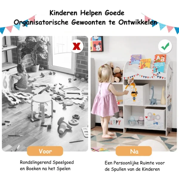 Opbergmeubel voor kinderspeelgoed met dierenmotief 5 vakken speelgoedplank met 2 stoffen lades anti kantelbeveiliging 93 x 30 x 102cm 5