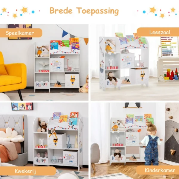 Opbergmeubel voor kinderspeelgoed met dierenmotief 5 vakken speelgoedplank met 2 stoffen lades anti kantelbeveiliging 93 x 30 x 102cm 6