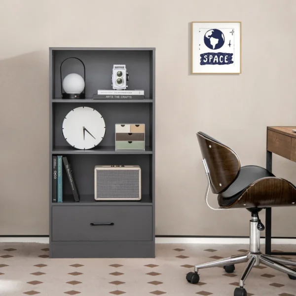 Opbergplank op 4 niveaus houten plank met lade anti kantelboekenplank staande plank vrijstaande open woonkamerplank 7