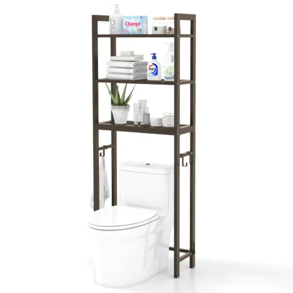 Opbergrek boven het toilet metalen organiser kantelbeveiliging 3 haken 3 planken voor badkamer toilet bruin 1