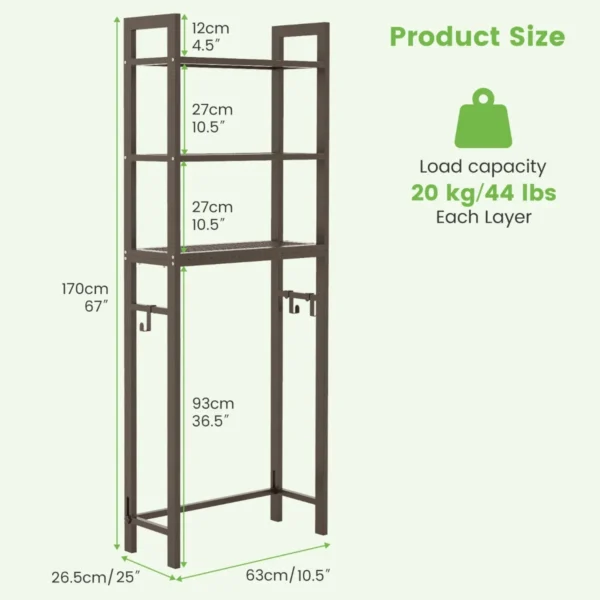 Opbergrek boven het toilet metalen organiser kantelbeveiliging 3 haken 3 planken voor badkamer toilet bruin 3