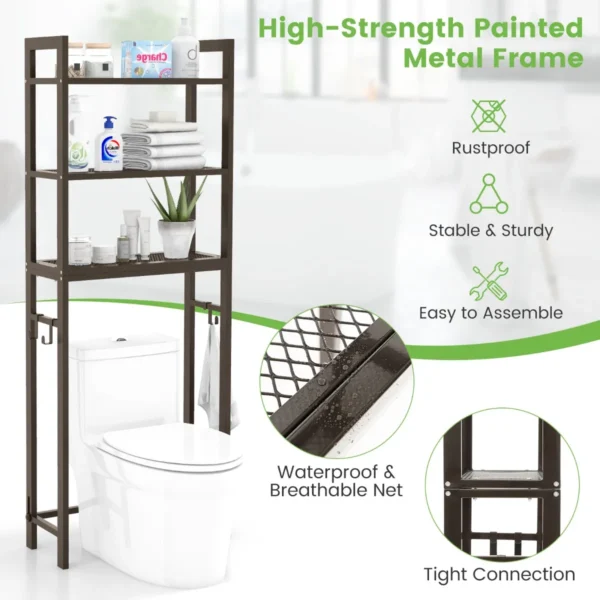 Opbergrek boven het toilet metalen organiser kantelbeveiliging 3 haken 3 planken voor badkamer toilet bruin 5