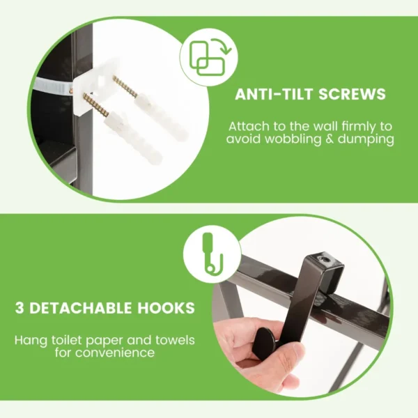 Opbergrek boven het toilet metalen organiser kantelbeveiliging 3 haken 3 planken voor badkamer toilet bruin 7