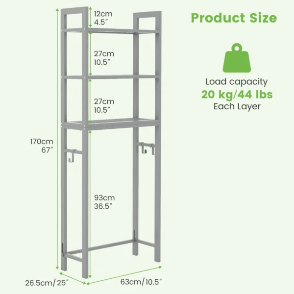 Opbergrek boven het toilet metalen organiser kantelbeveiliging 3 haken 3 planken voor badkamer toilet grijs 3